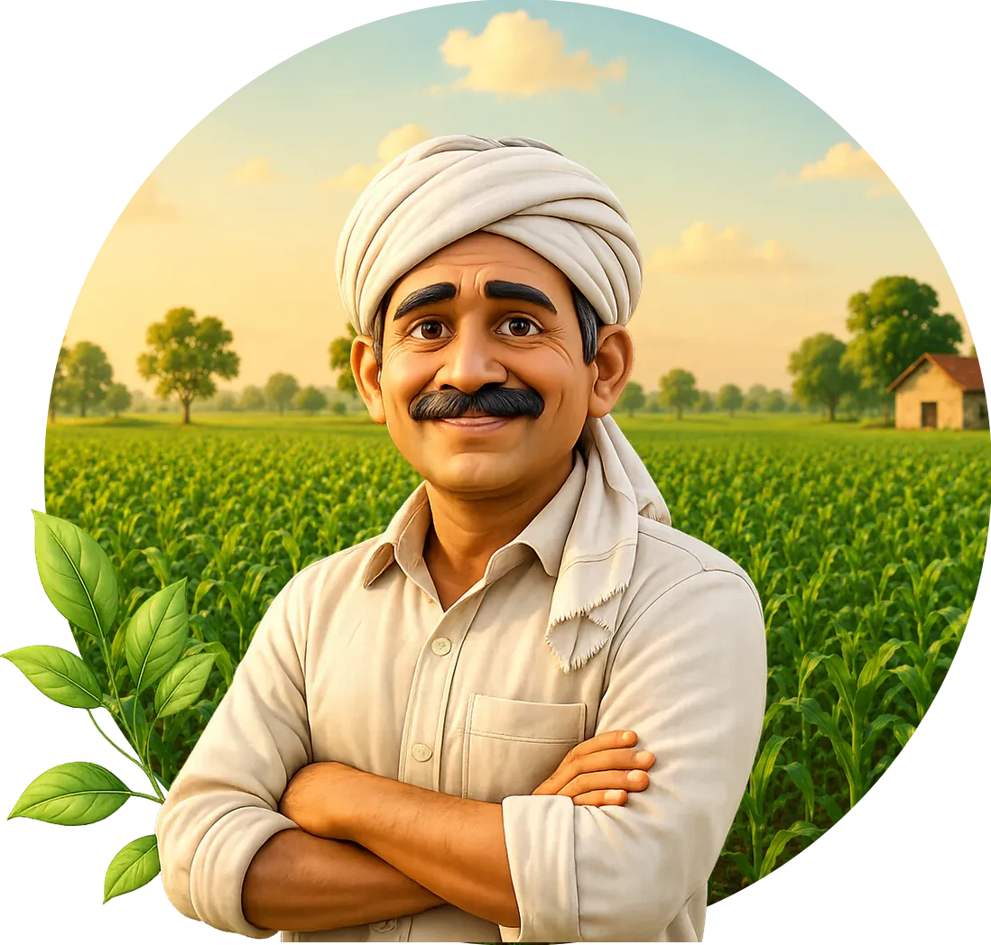 A friendly Indian farmer standing in front of a circular field view
